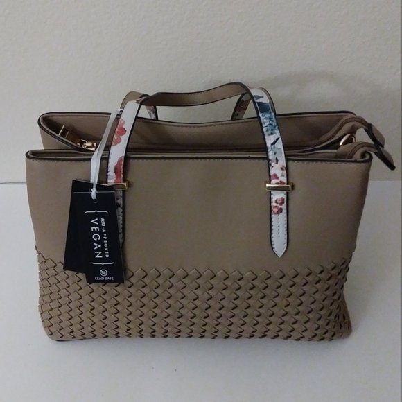 La Terre Fashion Handbags - La Terre Fashion Tan Satchel Woven Vegan Bag